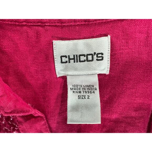 Chicos Blouse Top Size 2 or Large Pink Fuchsia 100% Linen Beaded Collar Chest - Picture 3 of 8